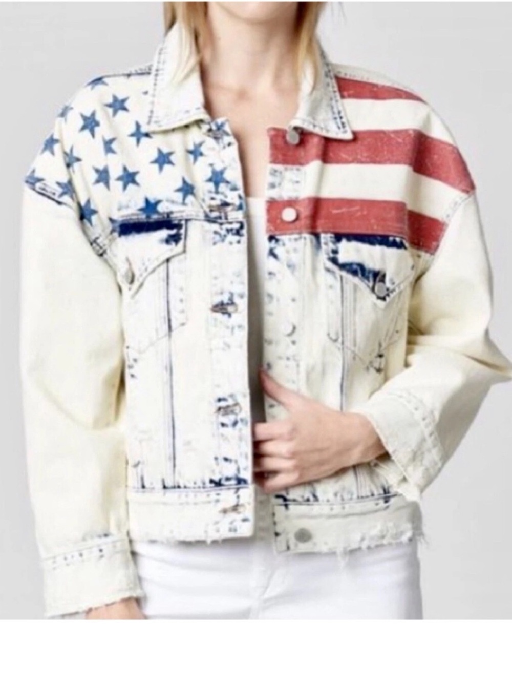 BLANK NYC Distressed Flag Print Denim Jacket - Red & Blue